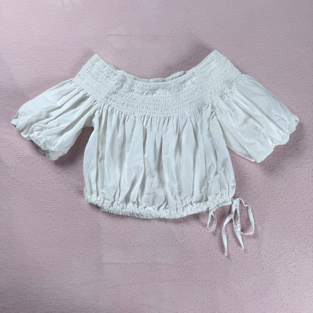 Zara Smocked Off The Shoulder Top Womens M White Puff Sleeve Blouse